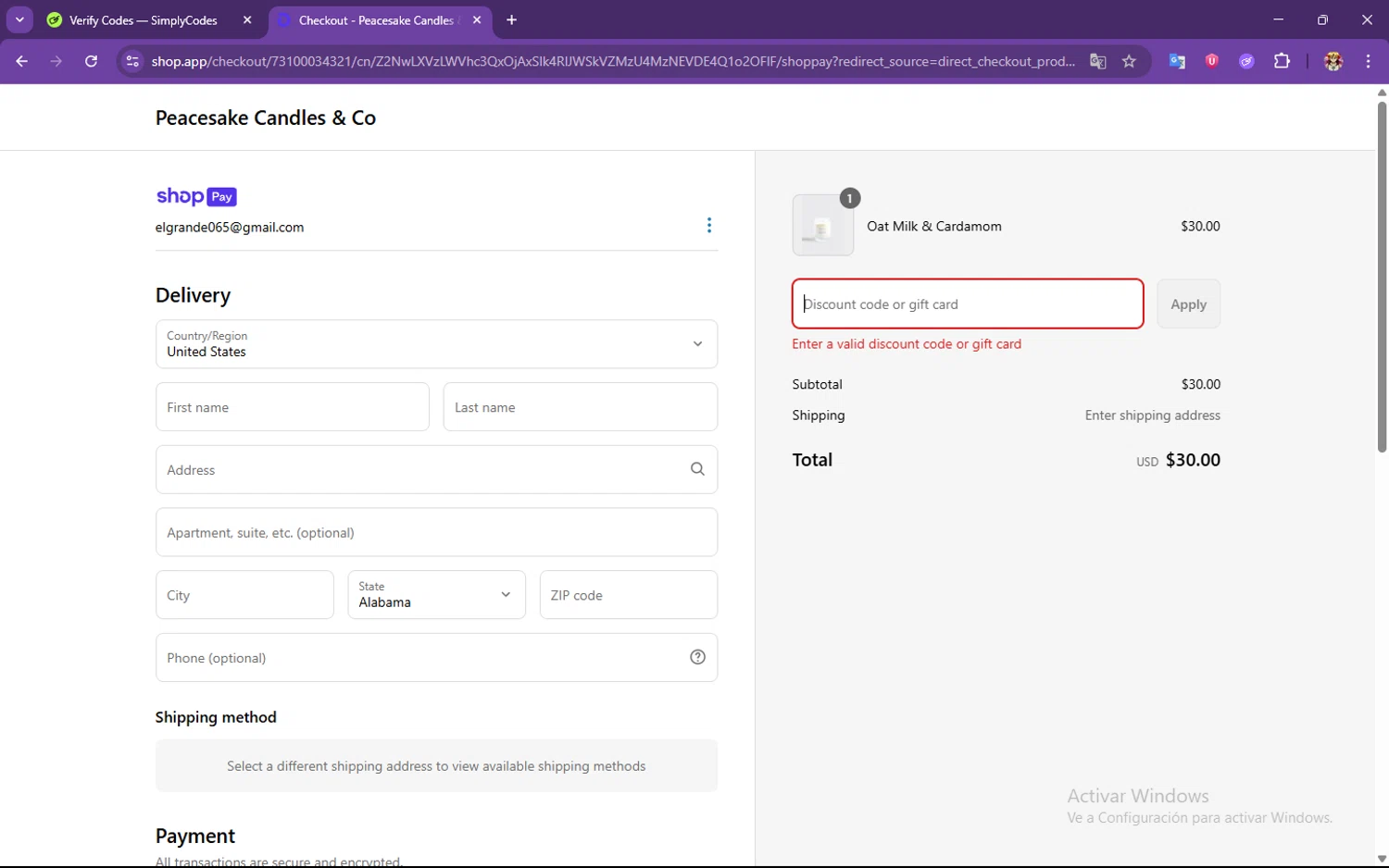 Peacesake Candles & Co. promo code screenshot showing code take10 applied at Peacesake Candles & Co. checkout page. Uploaded by SimplyCodes community member PrimeSeeker905 on Jun 21, 2025