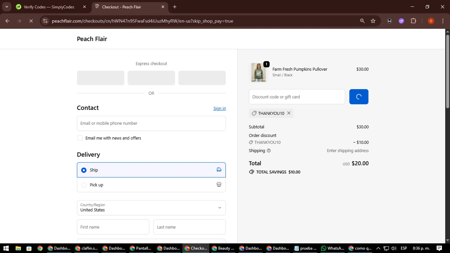 Peach Flair promo code screenshot showing code THANKYOU10 applied at Peach Flair checkout page. Uploaded by SimplyCodes community member CleverSpotter3730 on Oct 15, 2025