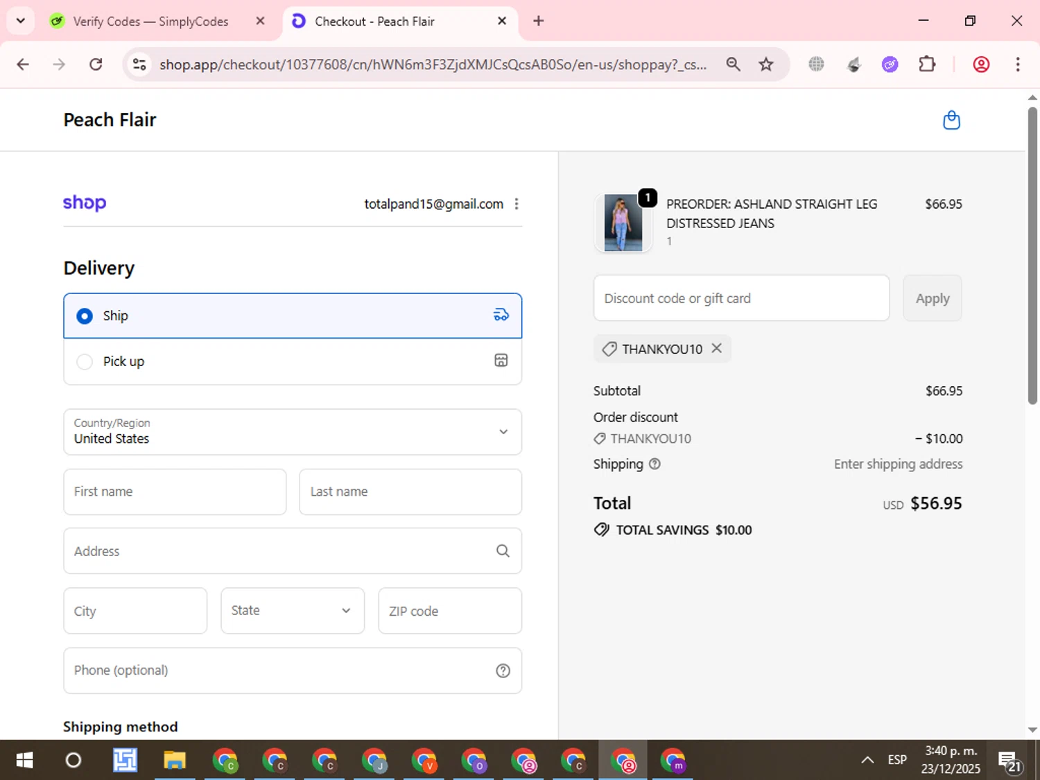 Peach Flair promo code screenshot showing code THANKYOU10 applied at Peach Flair checkout page. Uploaded by SimplyCodes community member WonderCurator7831 on Dec 23, 2025