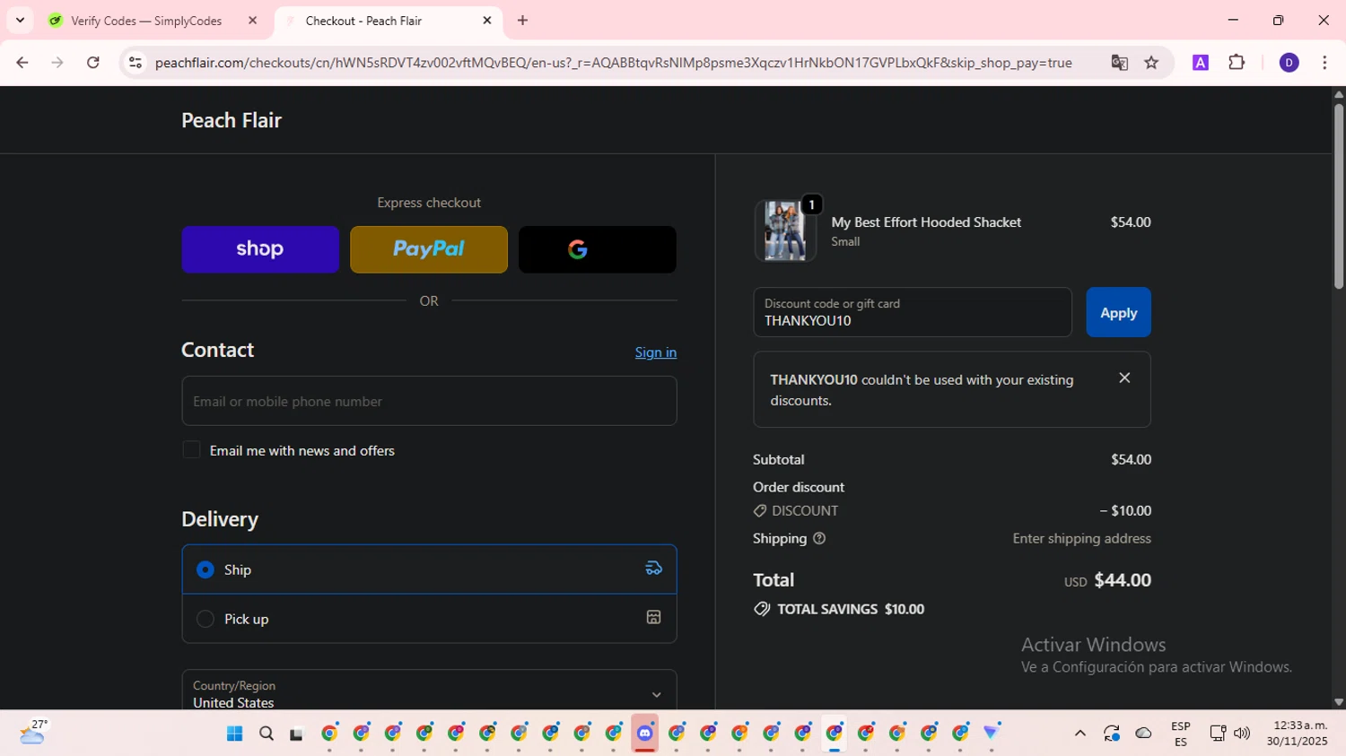 Peach Flair promo code screenshot showing code THANKYOU10 applied at Peach Flair checkout page. Uploaded by SimplyCodes community member WonderLion2890 on Nov 30, 2025