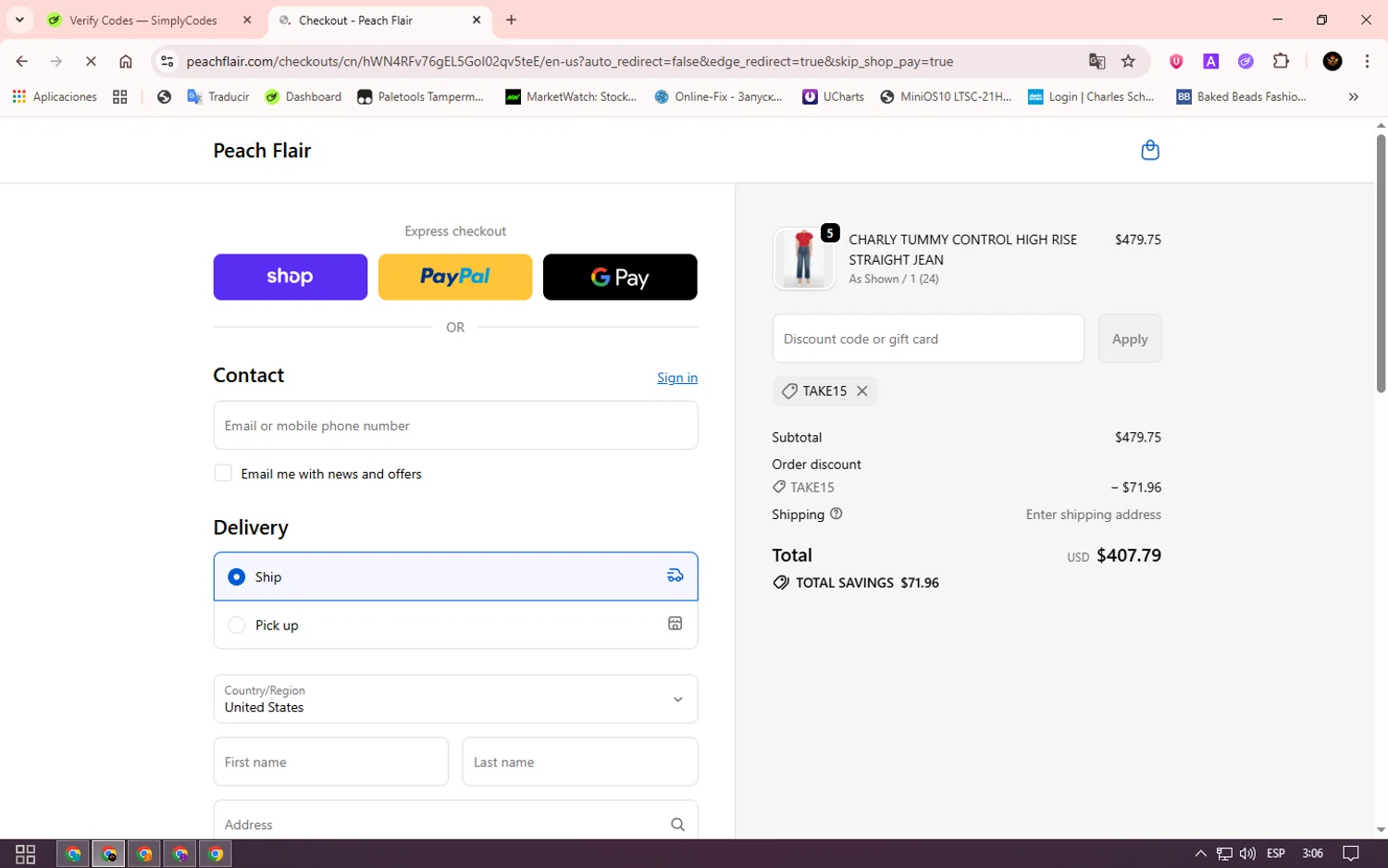 Peach Flair promo code screenshot showing code TAKE15 applied at Peach Flair checkout page. Uploaded by SimplyCodes community member Alkelino74 on Oct 23, 2025