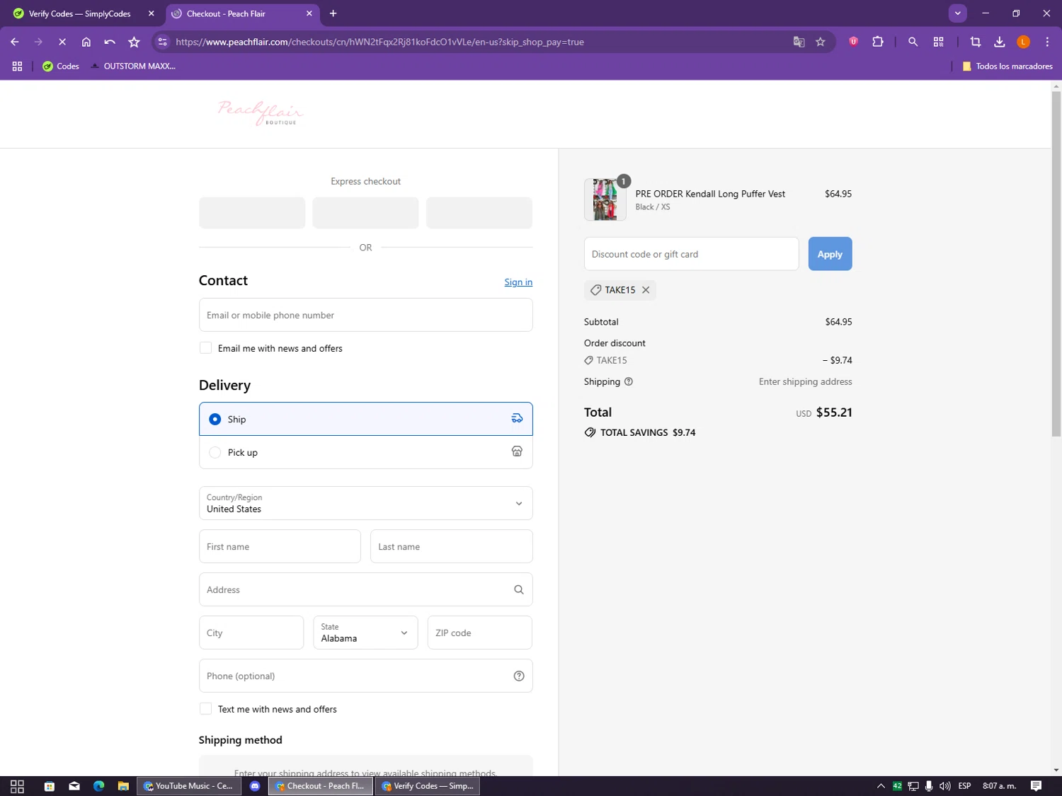 Peach Flair promo code screenshot showing code TAKE15 applied at Peach Flair checkout page. Uploaded by SimplyCodes community member CleverCollector2986 on Sep 12, 2025