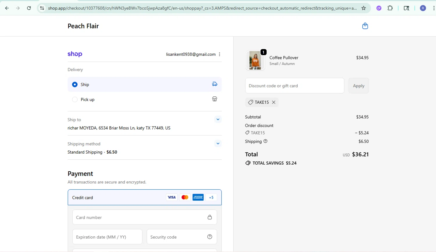 Peach Flair promo code screenshot showing code TAKE15 applied at Peach Flair checkout page. Uploaded by SimplyCodes community member CoinPilot9113 on Oct 11, 2025