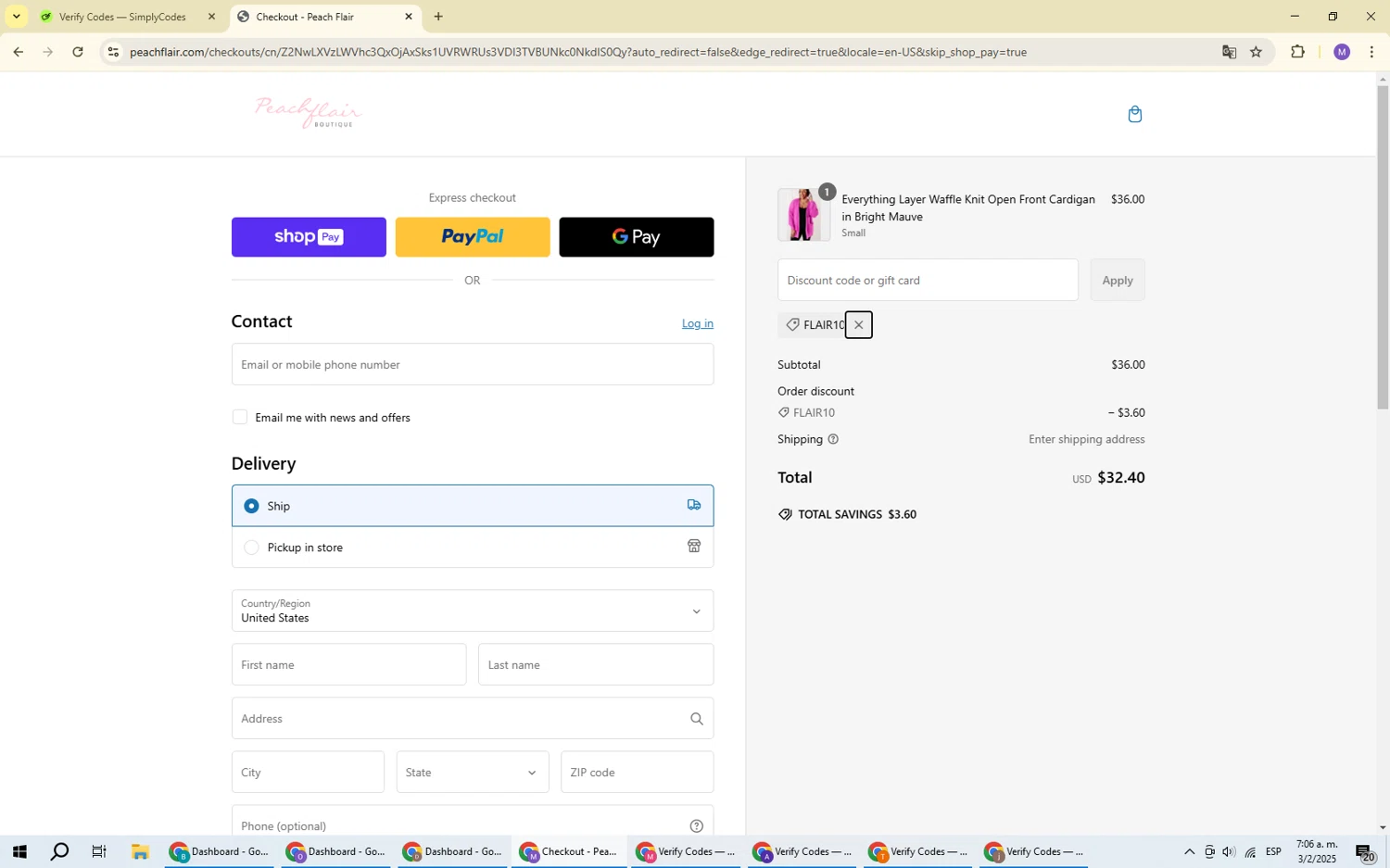 Peach Flair promo code screenshot showing code FLAIR10 applied at Peach Flair checkout page. Uploaded by SimplyCodes community member VoucherScout6115 on Feb 3, 2025