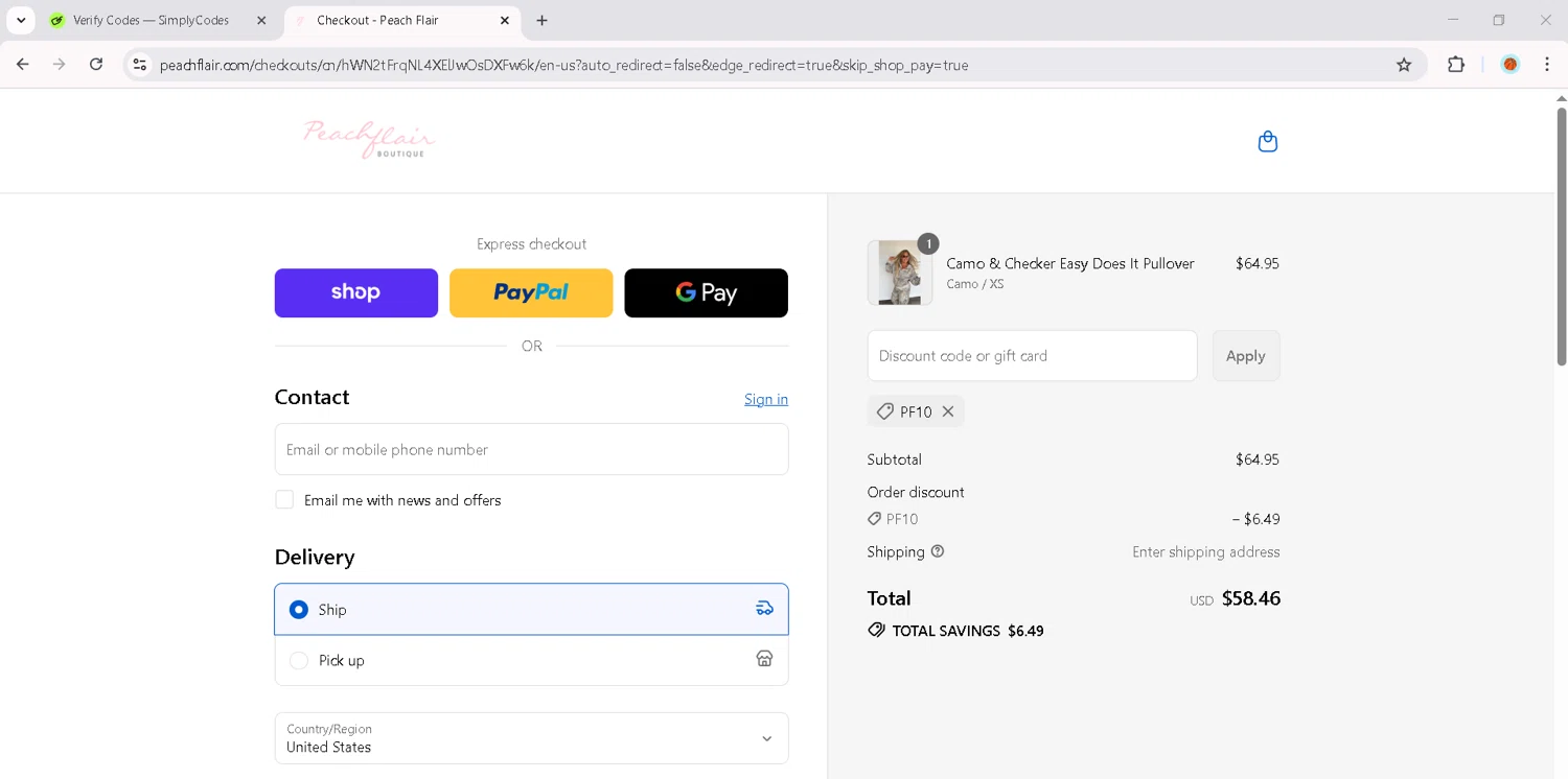 Peach Flair promo code screenshot showing code PF10 applied at Peach Flair checkout page. Uploaded by SimplyCodes community member RoyalMaverick7546 on Sep 12, 2025