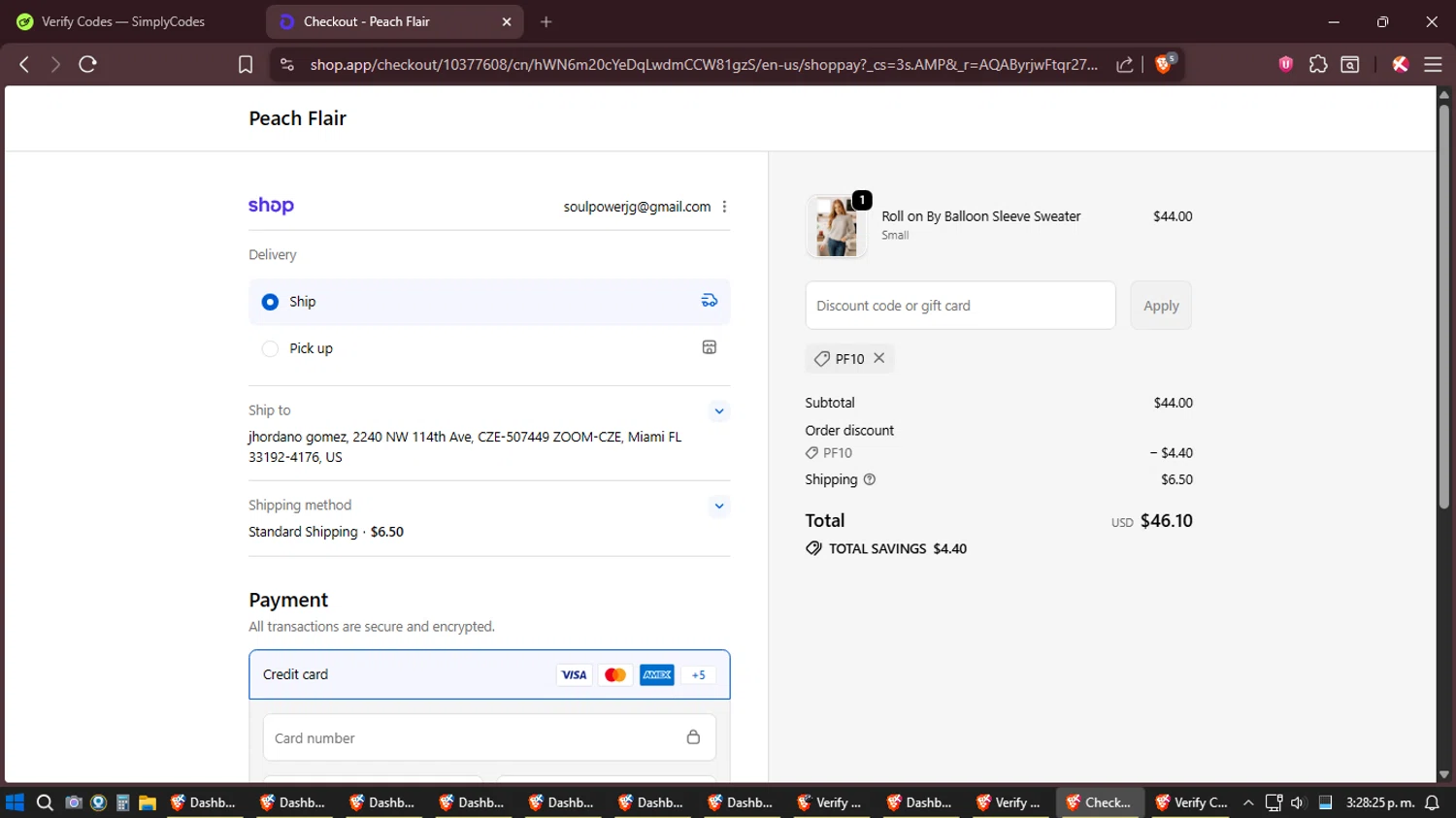 Peach Flair promo code screenshot showing code PF10 applied at Peach Flair checkout page. Uploaded by SimplyCodes community member Sesshomaru on Dec 23, 2025