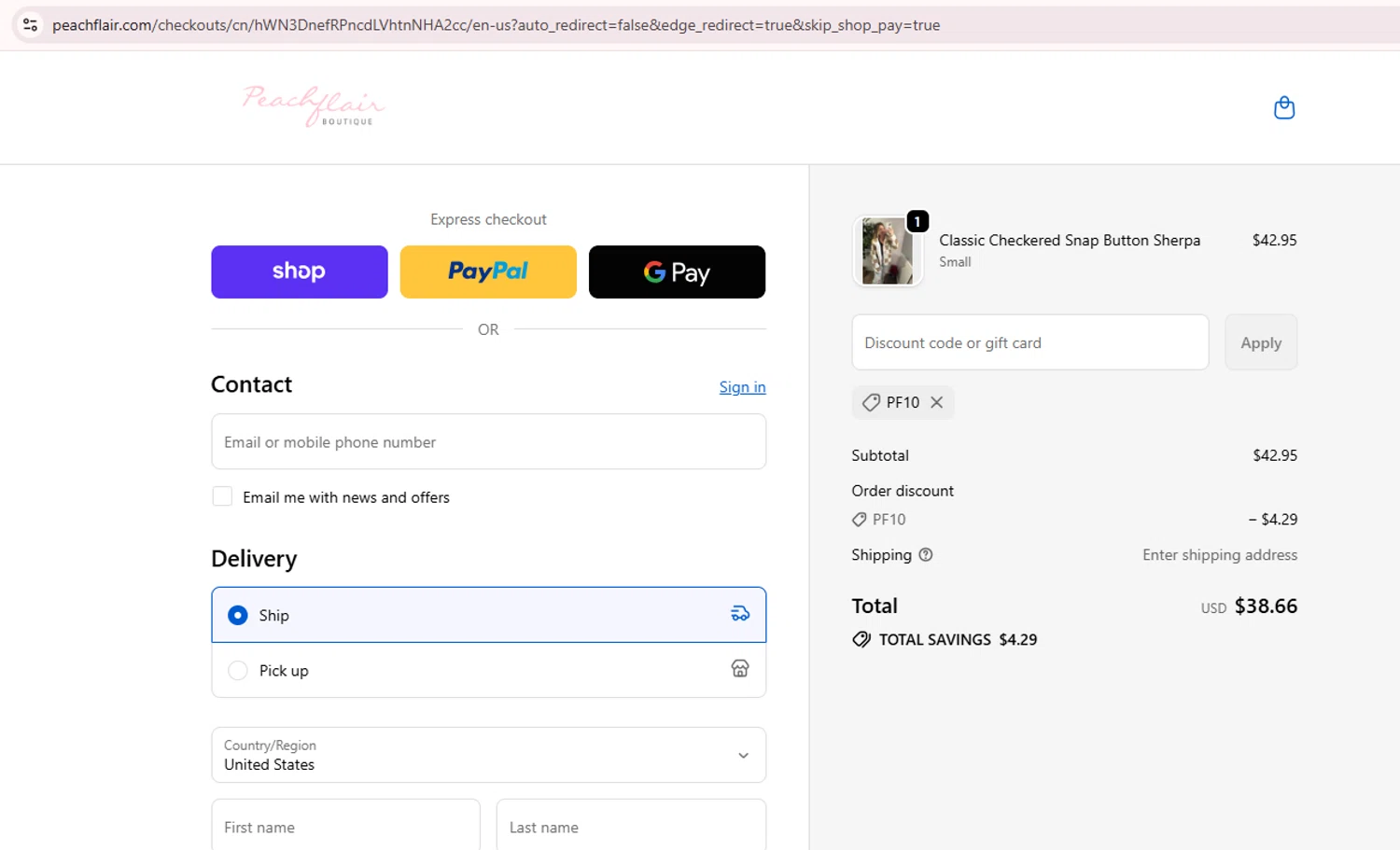 Peach Flair promo code screenshot showing code PF10 applied at Peach Flair checkout page. Uploaded by SimplyCodes community member Teamgorila on Sep 21, 2025