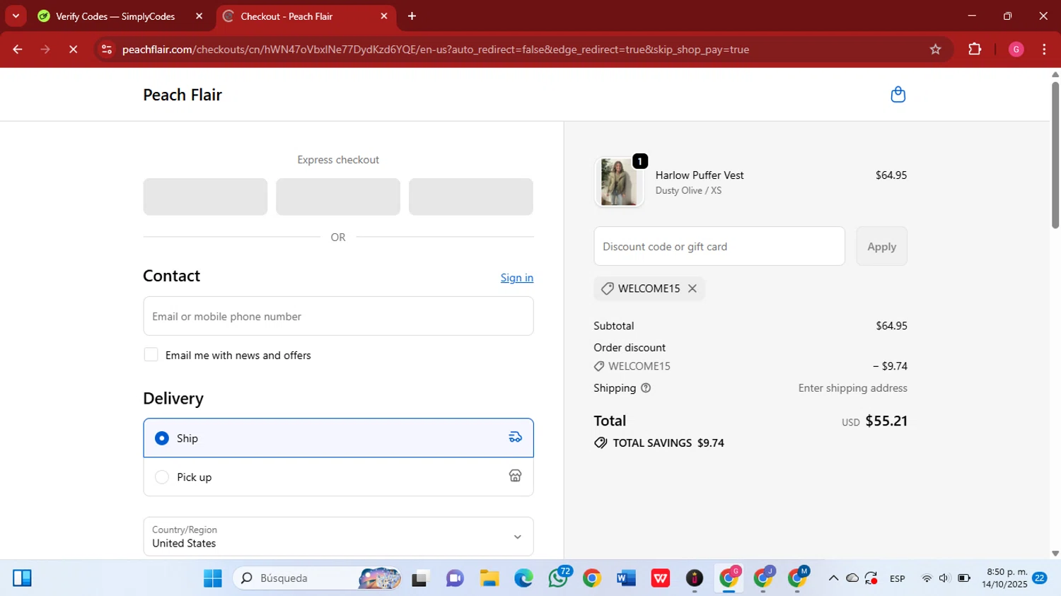 Peach Flair promo code screenshot showing code Welcome15 applied at Peach Flair checkout page. Uploaded by SimplyCodes community member GGGilbert on Oct 15, 2025