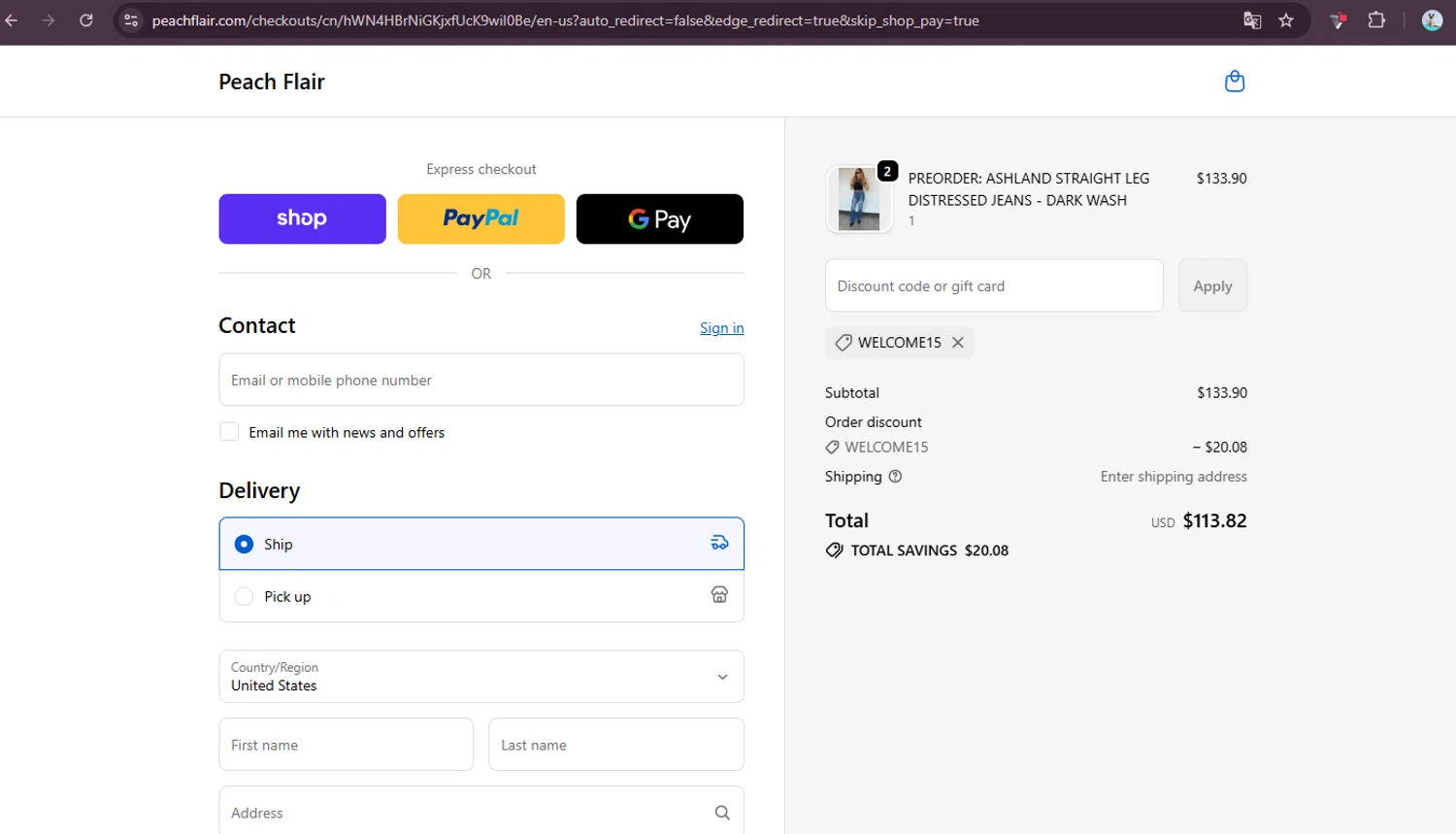 Peach Flair promo code screenshot showing code Welcome15 applied at Peach Flair checkout page. Uploaded by SimplyCodes community member elgatobravo on Oct 19, 2025