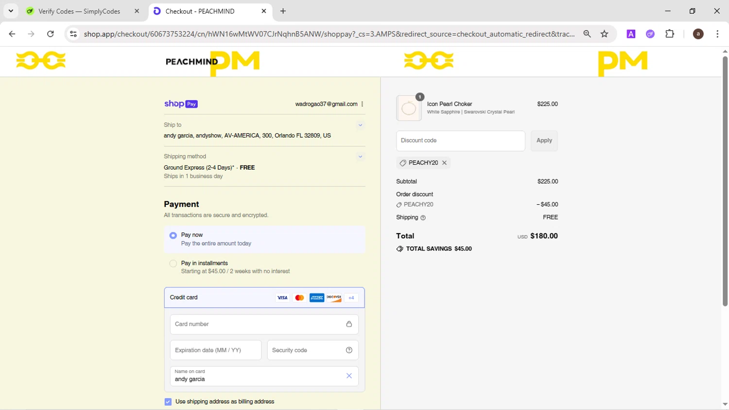 PEACHMIND promo code screenshot showing code PEACHY20 applied at PEACHMIND checkout page. Uploaded by SimplyCodes community member CodeMaverick246 on Jul 27, 2025