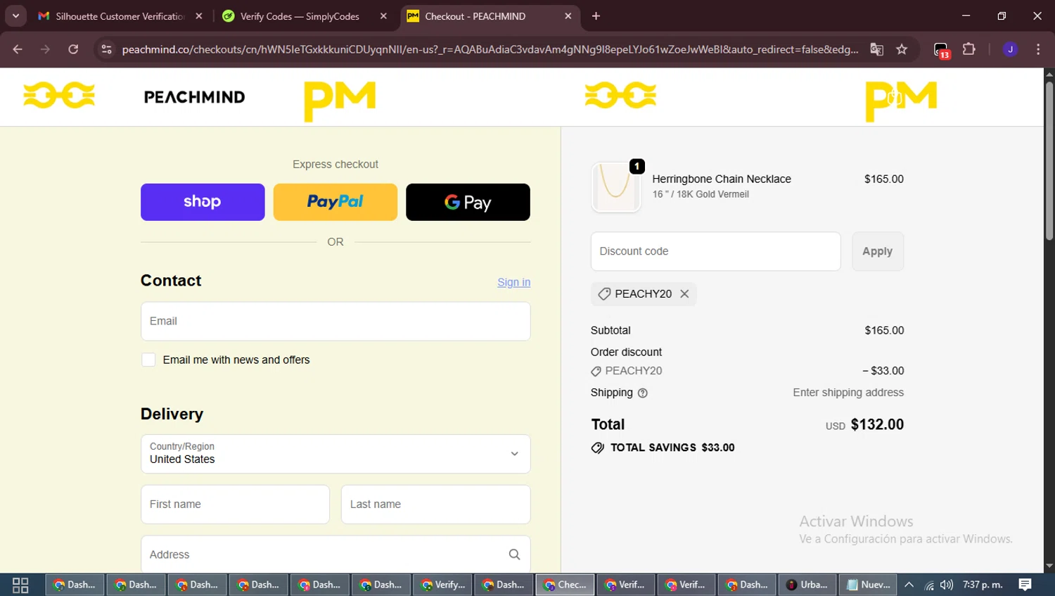 PEACHMIND promo code screenshot showing code PEACHY20 applied at PEACHMIND checkout page. Uploaded by SimplyCodes community member LegendaryLegend9872 on Nov 14, 2025