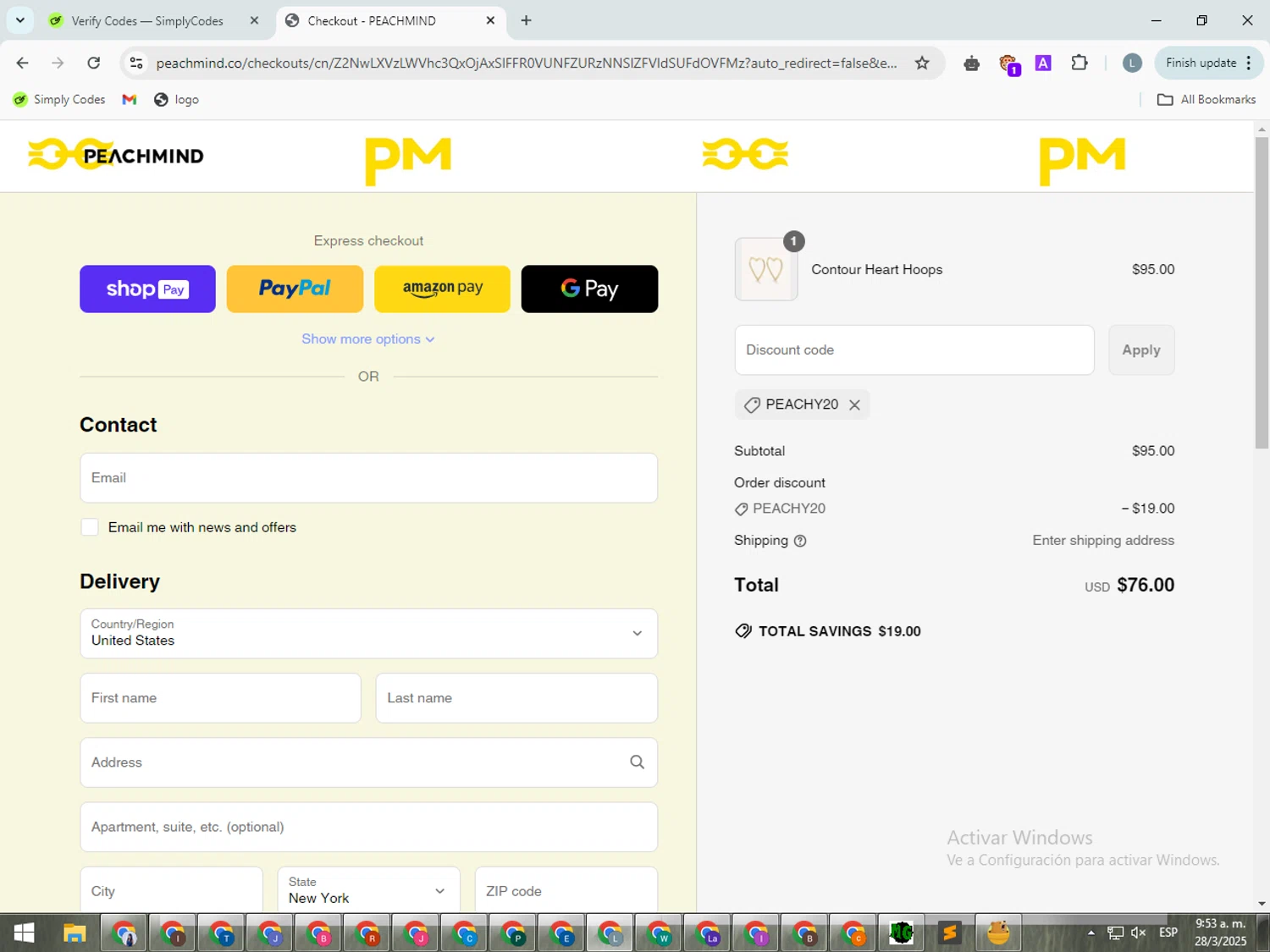PEACHMIND promo code screenshot showing code PEACHY20 applied at PEACHMIND checkout page. Uploaded by SimplyCodes community member SmartSpotter5969 on Mar 28, 2025