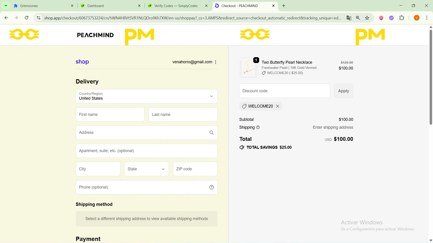 PEACHMIND promo code screenshot showing code WELCOME20 applied at PEACHMIND checkout page. Uploaded by SimplyCodes community member ExtraordinarySaver9637 on Oct 18, 2025