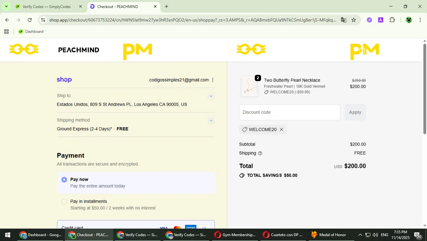 PEACHMIND promo code screenshot showing code WELCOME20 applied at PEACHMIND checkout page. Uploaded by SimplyCodes community member MaitoGai on Nov 14, 2025