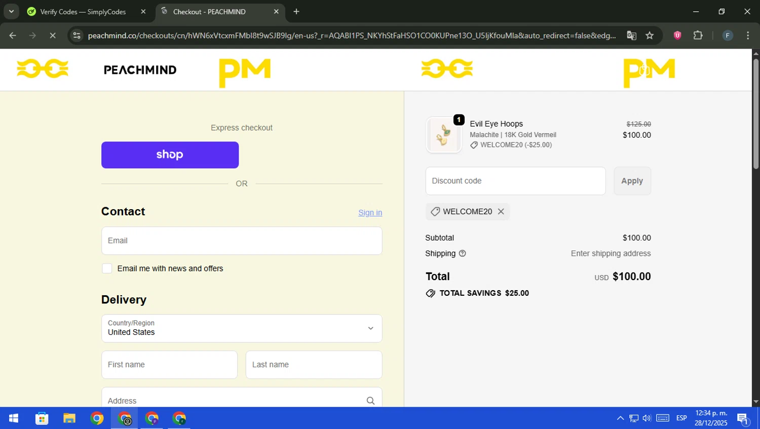 PEACHMIND promo code screenshot showing code WELCOME20 applied at PEACHMIND checkout page. Uploaded by SimplyCodes community member pajarito on Dec 28, 2025