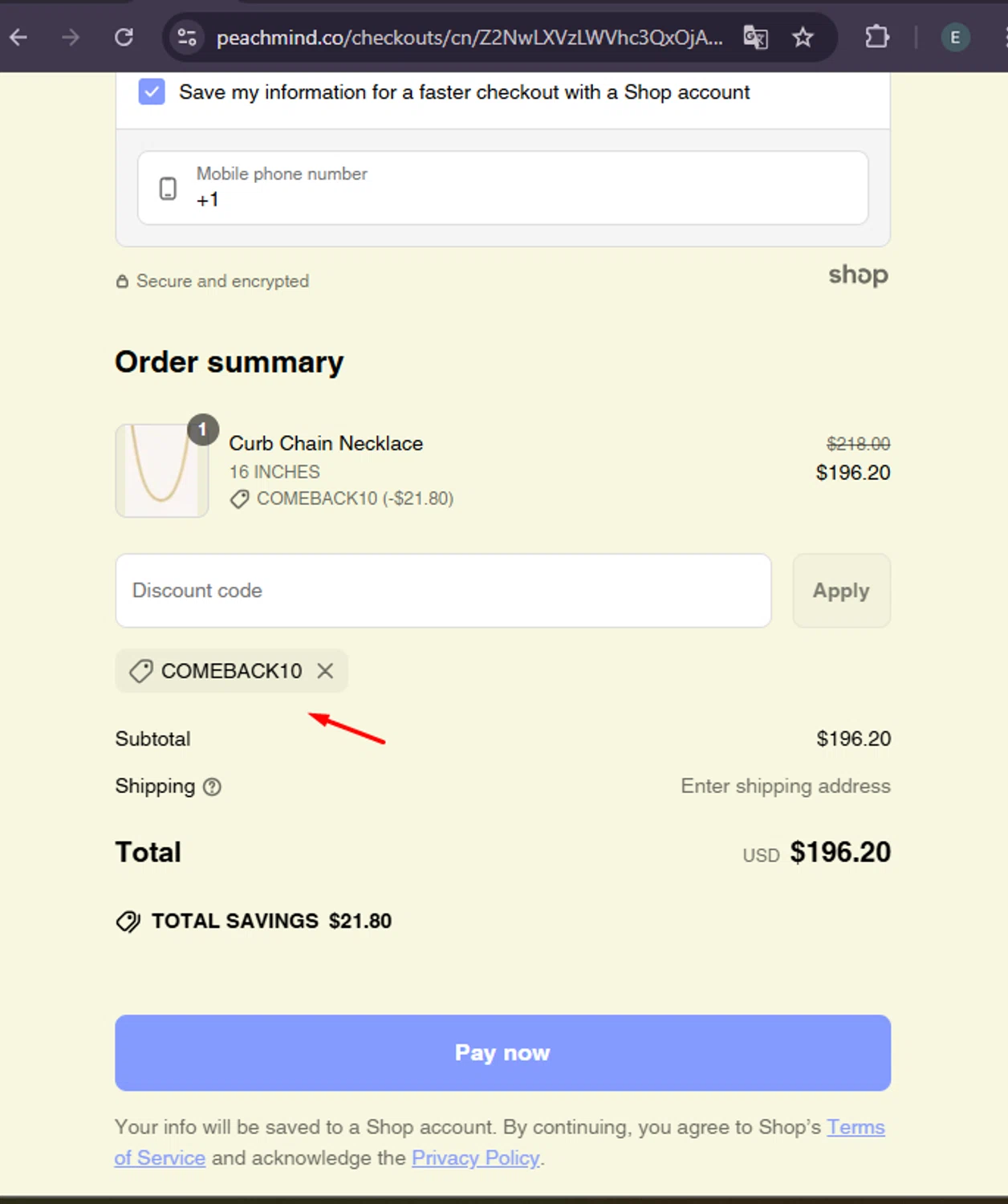 PEACHMIND promo code screenshot showing code COMEBACK10 applied at PEACHMIND checkout page. Uploaded by SimplyCodes community member MoneySage8222 on Apr 20, 2025