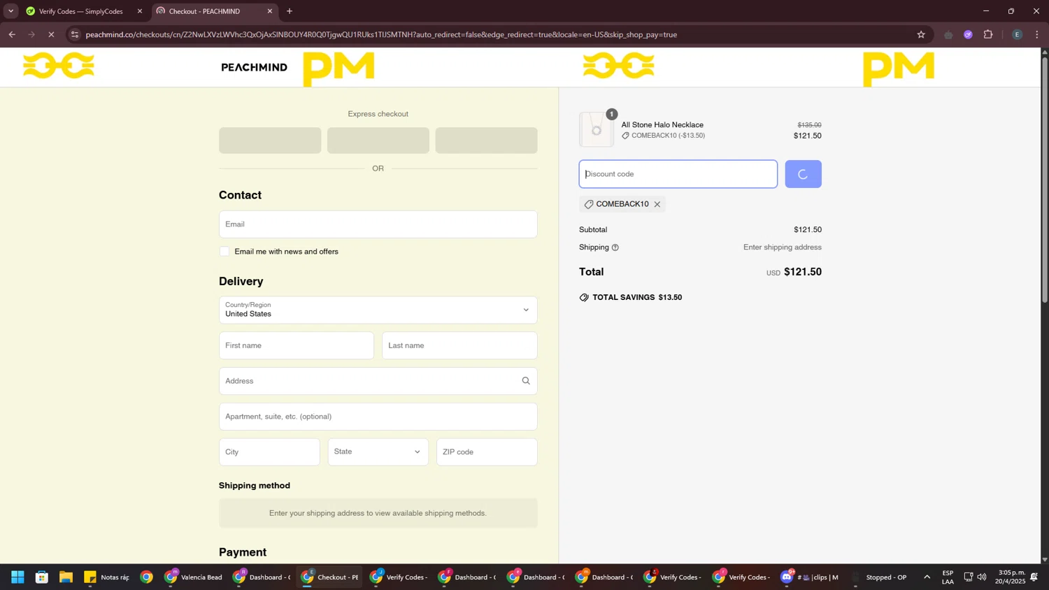 PEACHMIND promo code screenshot showing code COMEBACK10 applied at PEACHMIND checkout page. Uploaded by SimplyCodes community member GloriousPioneer2942 on Apr 20, 2025