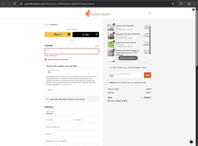PeachSkinSheets checkout page showing PeachSkinSheets promo code box | Screenshot taken by SimplyCodes community member on Sep 4, 2025