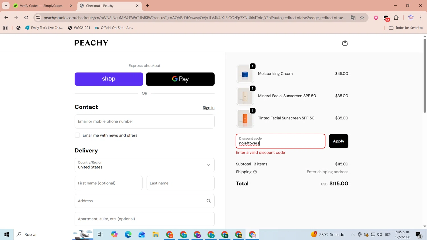 Peachy Studio promo code screenshot showing code noleftovers applied at Peachy Studio checkout page. Uploaded by SimplyCodes community member CoinLegend1707 on Feb 12, 2026