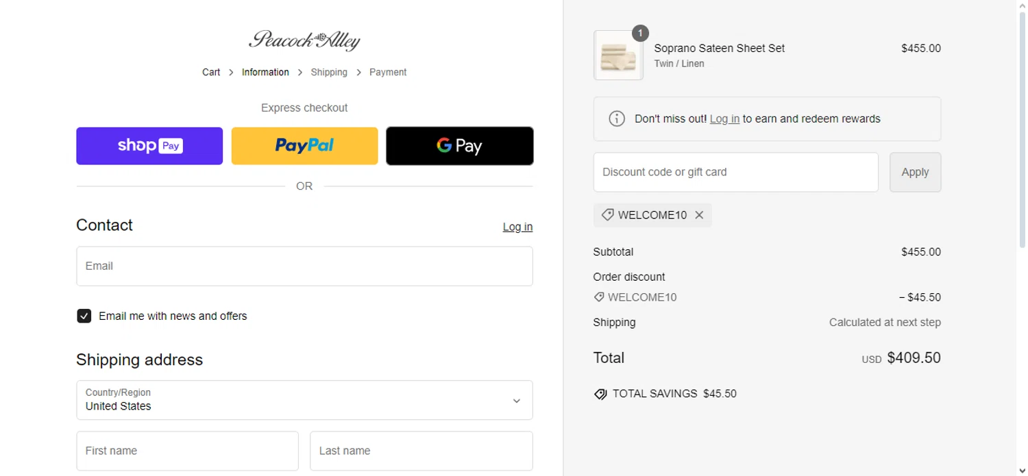 where to use Peacock Alley promo code box