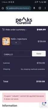 Peaks Curative coupon verification screenshot