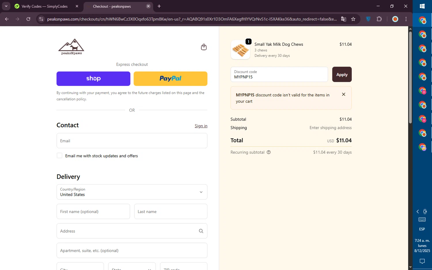 PeaksnPaws promo code screenshot showing code MYPNP15 applied at PeaksnPaws checkout page. Uploaded by SimplyCodes community member PromoVoyager8446 on Dec 8, 2025