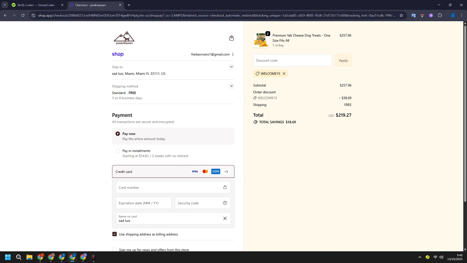 PeaksnPaws promo code screenshot showing code WELCOME15 applied at PeaksnPaws checkout page. Uploaded by SimplyCodes community member CashLegend3767 on Oct 13, 2025