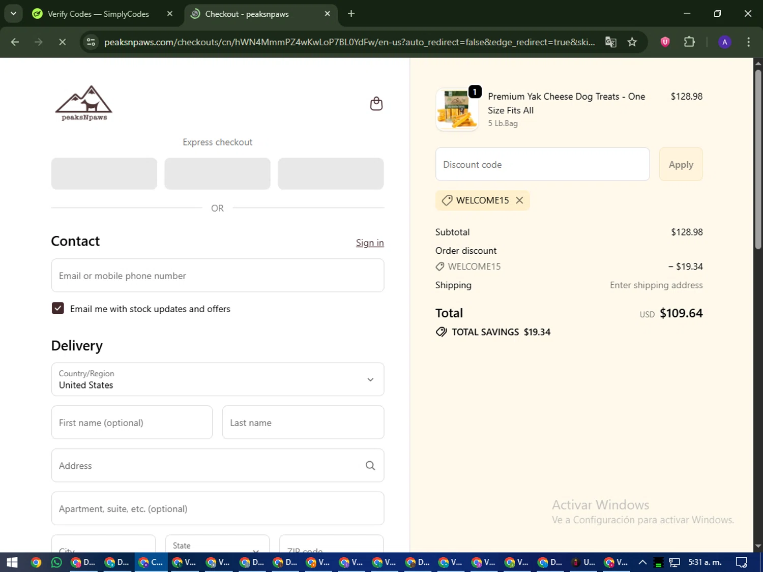 PeaksnPaws promo code screenshot showing code WELCOME15 applied at PeaksnPaws checkout page. Uploaded by SimplyCodes community member MagnificentWarden4603 on Oct 21, 2025