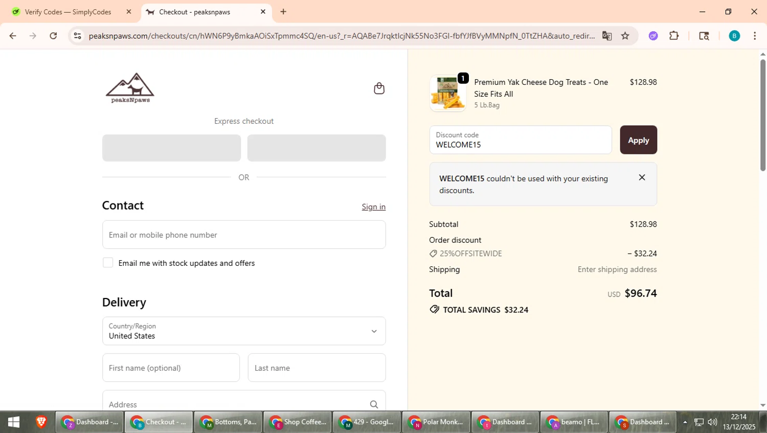 PeaksnPaws promo code screenshot showing code WELCOME15 applied at PeaksnPaws checkout page. Uploaded by SimplyCodes community member QuestScholar5572 on Dec 14, 2025