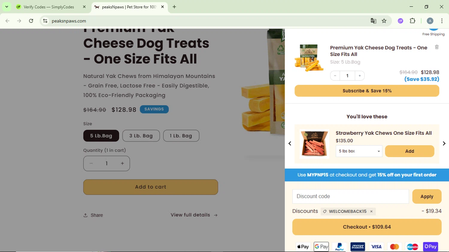 PeaksnPaws promo code screenshot showing code WELCOMEBACK15 applied at PeaksnPaws checkout page. Uploaded by SimplyCodes community member DiscountVirtuoso6243 on Oct 13, 2025