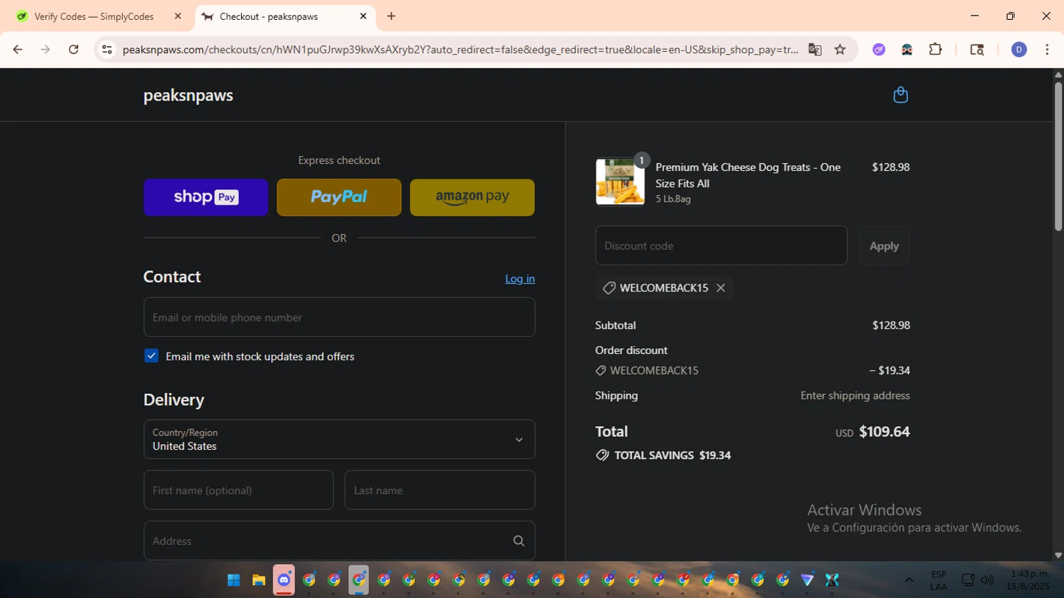 PeaksnPaws promo code screenshot showing code WELCOMEBACK15 applied at PeaksnPaws checkout page. Uploaded by SimplyCodes community member RewardOwl5959 on Aug 15, 2025