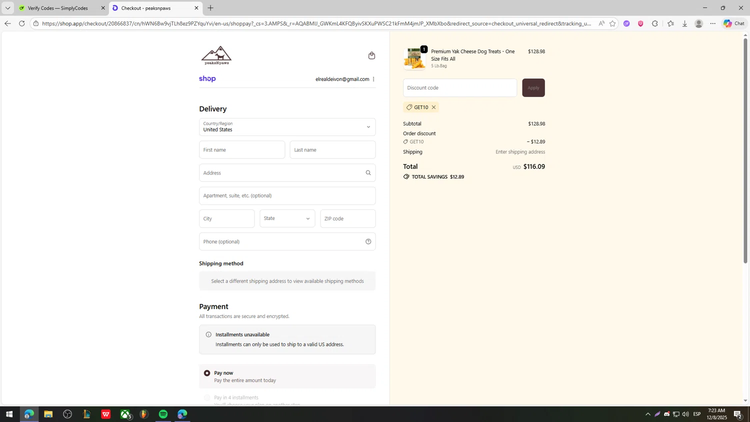 PeaksnPaws promo code screenshot showing code GET10 applied at PeaksnPaws checkout page. Uploaded by SimplyCodes community member fjkdjkldsf on Dec 8, 2025