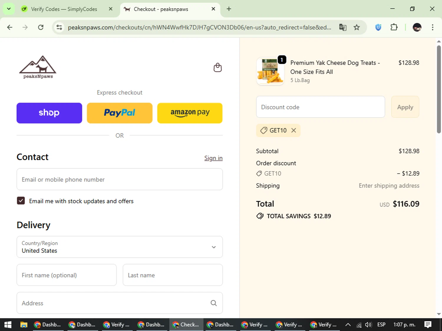 PeaksnPaws promo code screenshot showing code GET10 applied at PeaksnPaws checkout page. Uploaded by SimplyCodes community member WonderCurator791 on Oct 25, 2025