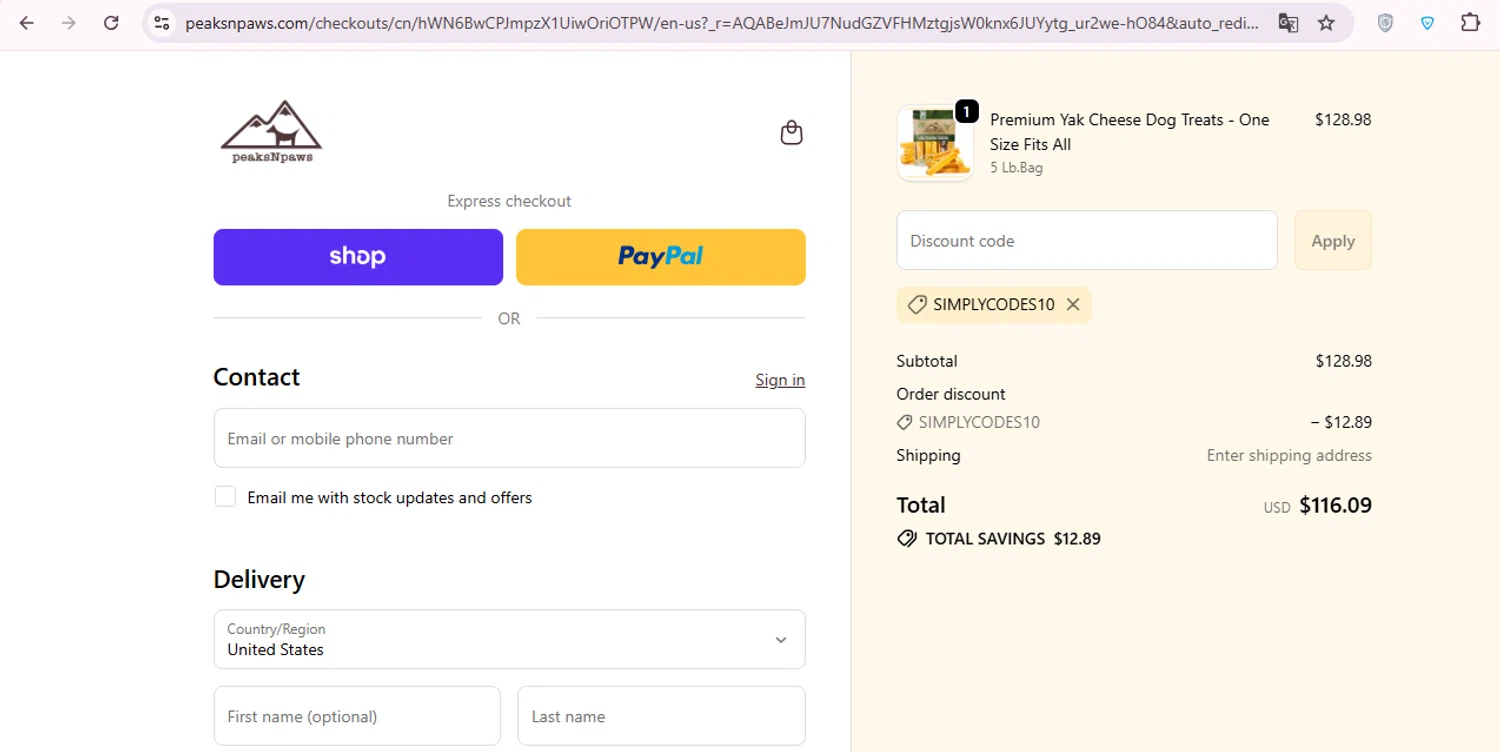 PeaksnPaws promo code screenshot showing code SIMPLYCODES10 applied at PeaksnPaws checkout page. Uploaded by SimplyCodes community member carol_lameda on Dec 8, 2025