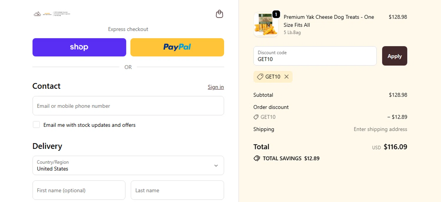 PeaksnPaws promo code screenshot showing code GET10 applied at PeaksnPaws checkout page. Uploaded by SimplyCodes community member Jhonny on Sep 24, 2025