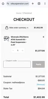 Peak Suspension coupon verification screenshot