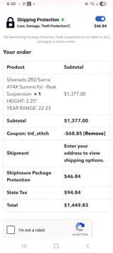 Peak Suspension coupon verification screenshot