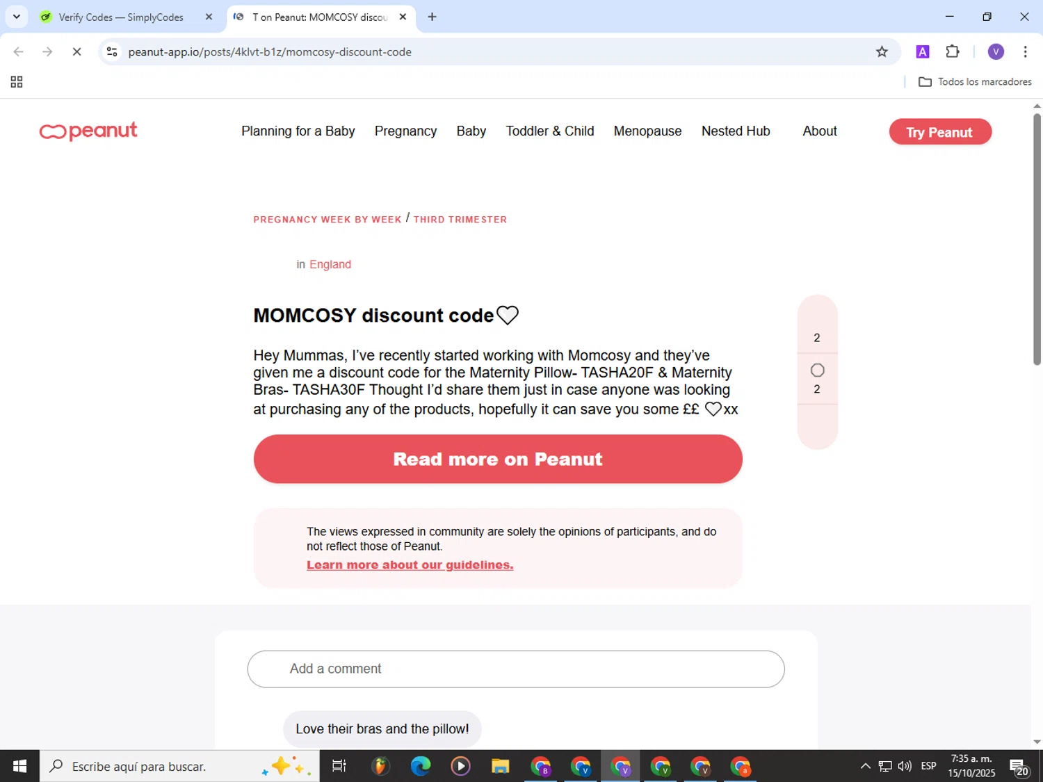 Peanut promo code screenshot showing code TASHA20F applied at Peanut checkout page. Uploaded by SimplyCodes community member Satoru_gojo on Oct 15, 2025