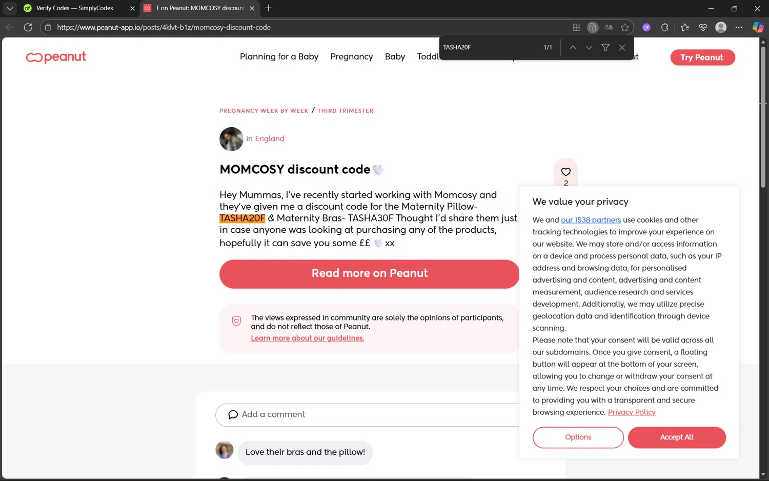 Peanut promo code screenshot showing code TASHA20F applied at Peanut checkout page. Uploaded by SimplyCodes community member Yuyu12 on Nov 14, 2025