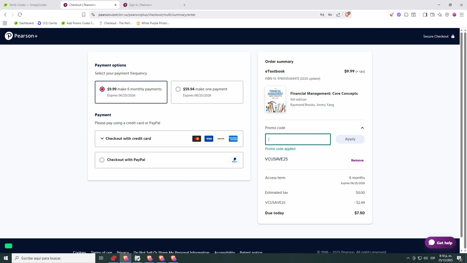 Pearson promo code screenshot showing code VCUSAVE25 applied at Pearson checkout page. Uploaded by SimplyCodes community member Nezukooo on Dec 26, 2025
