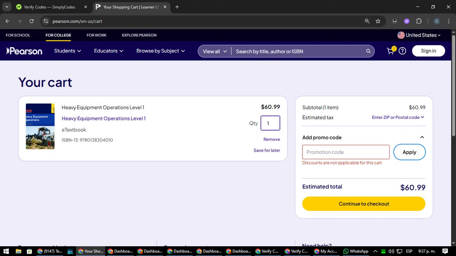 Pearson promo code screenshot showing code NCCER20 applied at Pearson checkout page. Uploaded by SimplyCodes community member Nata_Montana on Aug 1, 2025