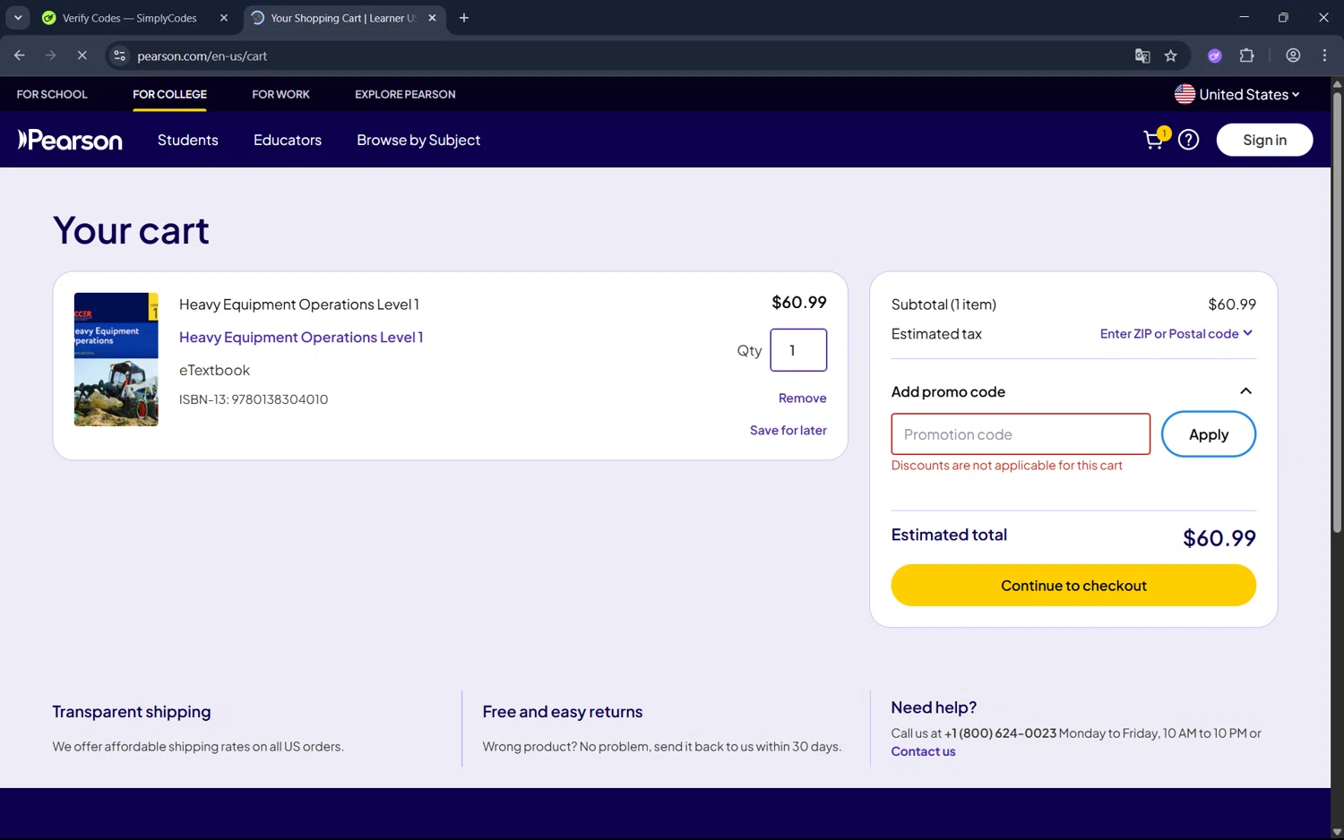 Pearson promo code screenshot showing code NCCER20 applied at Pearson checkout page. Uploaded by SimplyCodes community member juan1702 on Jul 31, 2025