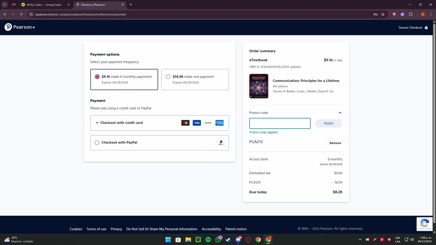 Pearson checkout page showing Pearson promo code box | Screenshot taken by SimplyCodes community member on Dec 29, 2025