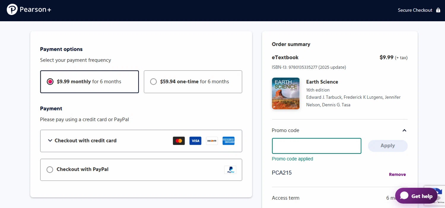 Pearson promo code screenshot showing code PCA215 applied at Pearson checkout page. Uploaded by SimplyCodes community member MoneyHunter5624 on Nov 3, 2025