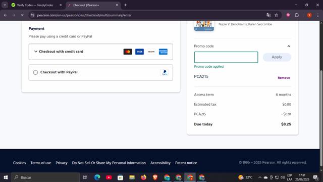 Pearson checkout page showing Pearson promo code box | Screenshot taken by SimplyCodes community member on Sep 25, 2025