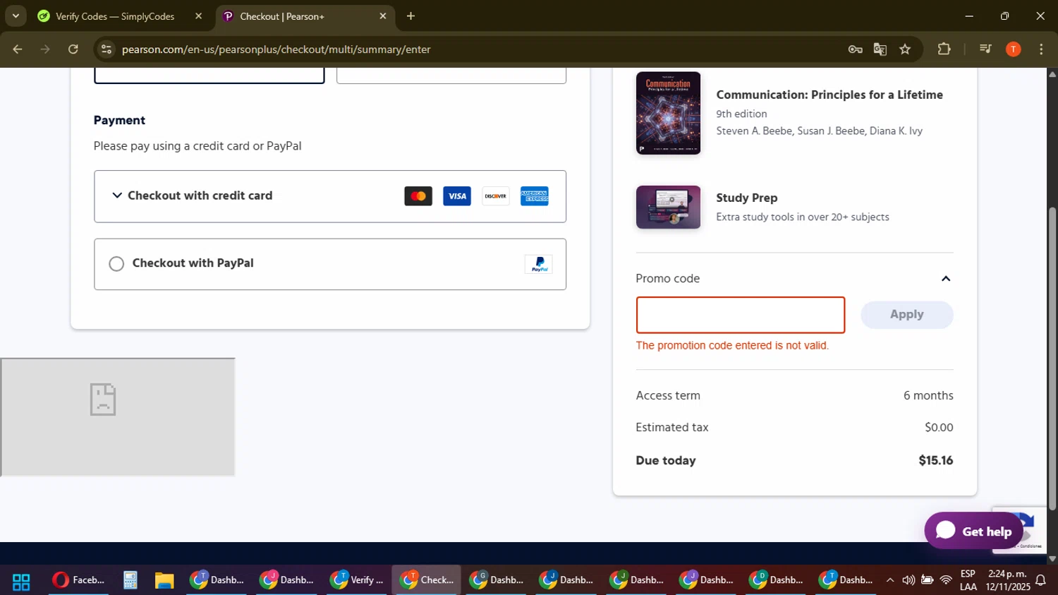 Pearson promo code screenshot showing code PCA215 applied at Pearson checkout page. Uploaded by SimplyCodes community member ShrewdAce8338 on Nov 12, 2025