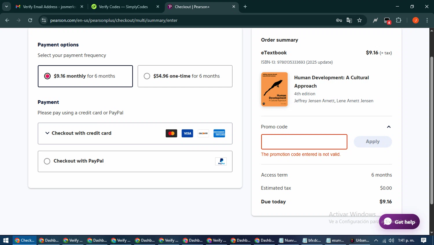Pearson promo code screenshot showing code BACKTOSCHOOL15 applied at Pearson checkout page. Uploaded by SimplyCodes community member NobleAce2304 on Sep 4, 2025