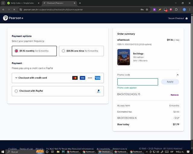 Pearson checkout page showing Pearson promo code box | Screenshot taken by SimplyCodes community member on Sep 3, 2025
