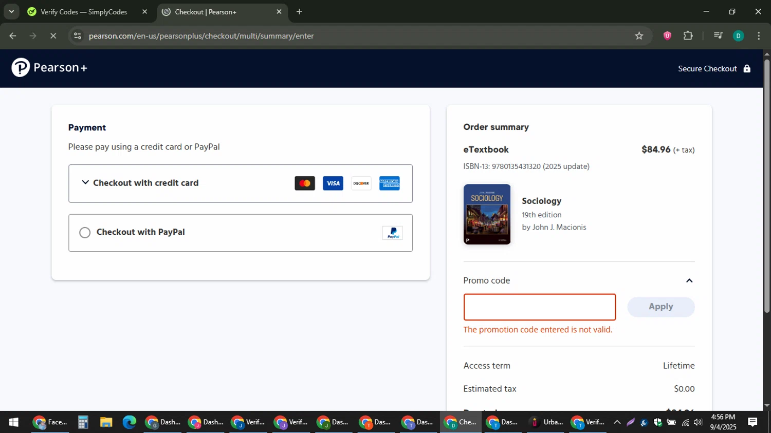 Pearson promo code screenshot showing code BACKTOSCHOOL15 applied at Pearson checkout page. Uploaded by SimplyCodes community member ThriftyLion6776 on Sep 4, 2025