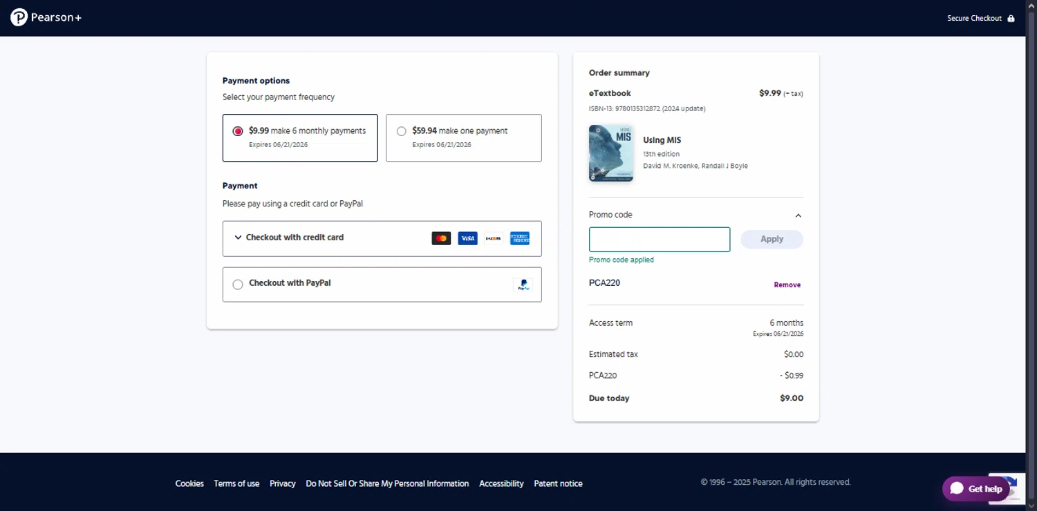 Pearson promo code screenshot showing code PCA220 applied at Pearson checkout page. Uploaded by SimplyCodes community member TraxoGamer on Dec 21, 2025